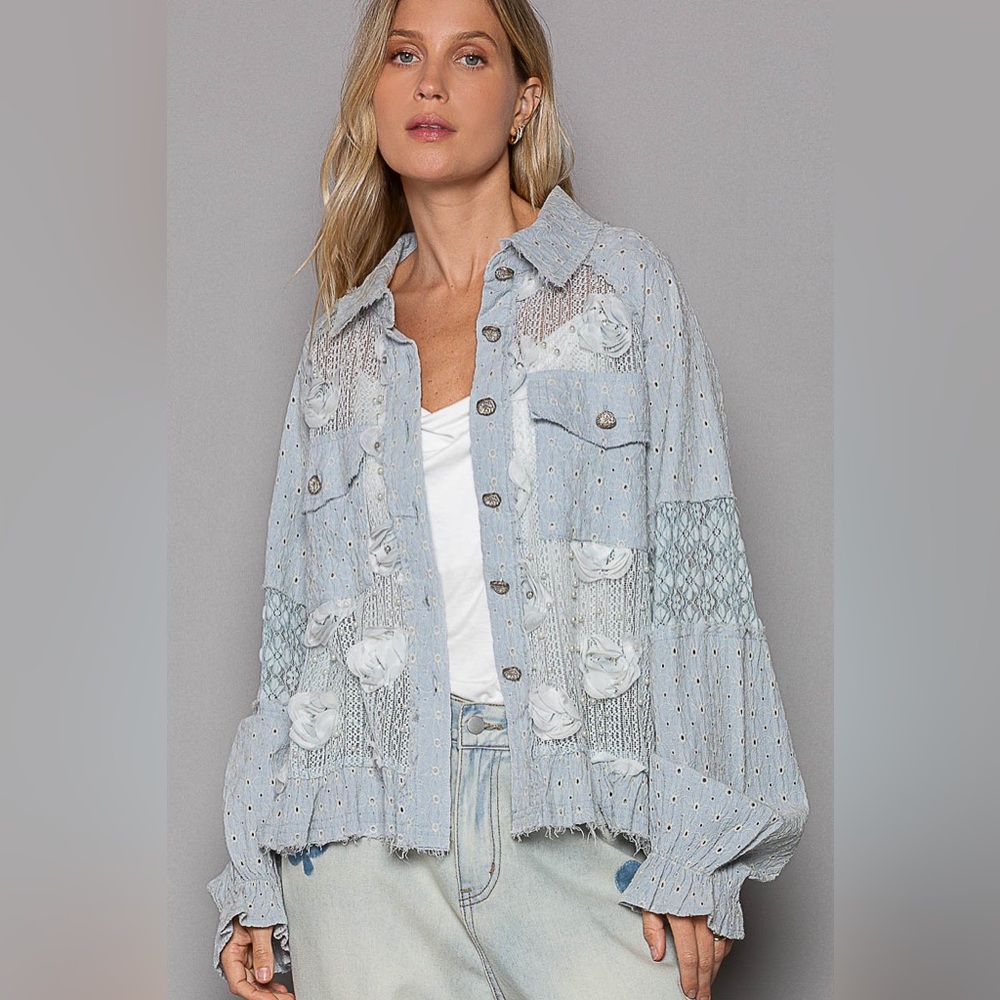 949. POL LAST 1! Jacket Top shacket Blue Lace Woven Balloon Sleeve Front Pockets - Picture 3 of 5